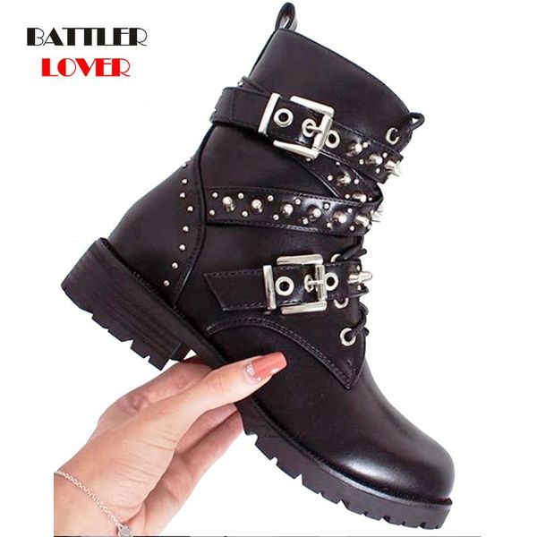 

punk rivet women studded embellished western boots in black pointed toe square heel rubber sole cool fashion biker shoes ladies