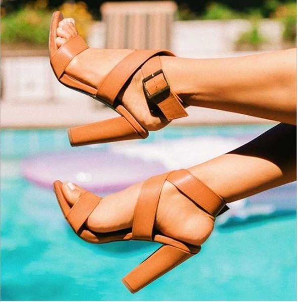 

summer arrival block high heel formal sandals ladies strappy ankle strap chunky heels leather open toe dress shoes women, Black