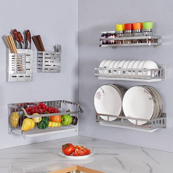 

punching-stainless steel storage rack kitchen spice organizer shelf wall-mounted cutting board knife dish holder wall hooks & rails