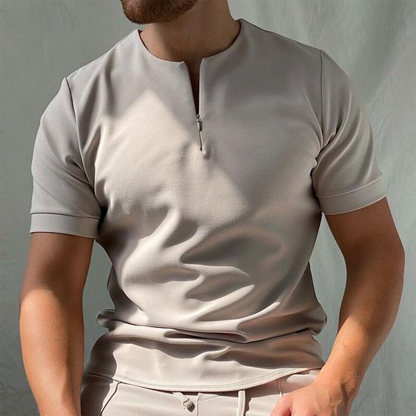 

men's polos summer casual solid short sleeve tee shirt shirts men vintage zipper o-neck pullover fitness exercise, White;black