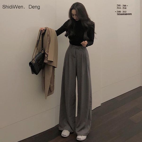 

spring autumn female solid wide leg pants women full length ladies simple casual straight women's & capris, Black;white