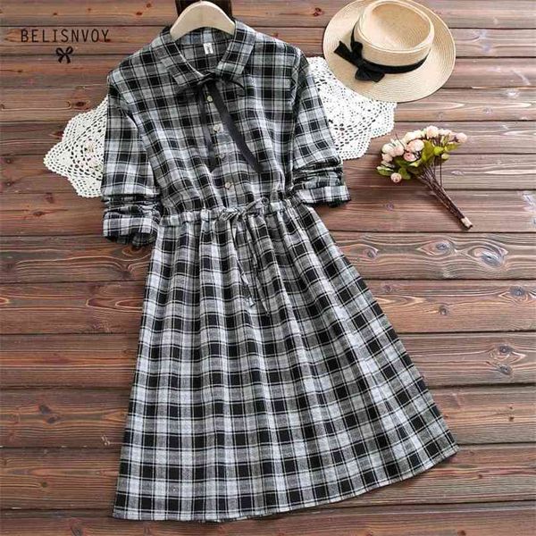 Japan Stil Mori Mädchen Vintage Kleid Frühling Herbst Bowknot Süße Vestidos Frauen Langarm Plaid Baumwolle Leinen Kleider 210520