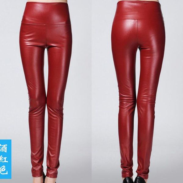 

women's pants & capris 2021 pu leggings leather high waist wet stretch shine solid slim trousers pencil leggins mujer, Black;white