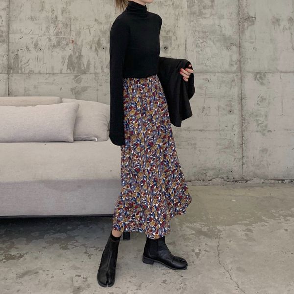 

floral print women skirt high waist spring summer female midi holiday ladies bottoms 210323, Black