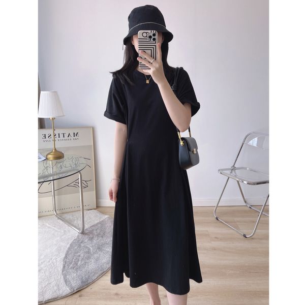 

casual dresses summer button slim waist women a-line o neck short sleeve loose t-shirt solid color female midi 2021 mm6e, Black;gray