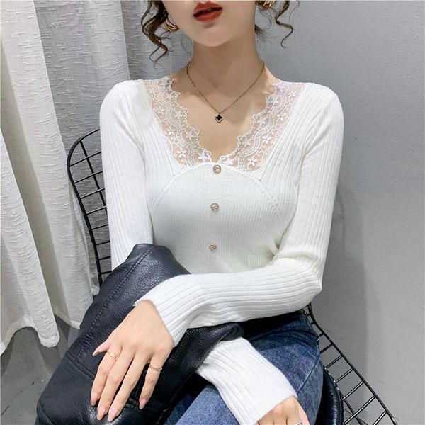 

women's sweaters row 4, 5), 21119 (2 room make pure color v-neck lace stitching hedge render unlined upper garment of [2000] 32, White;black