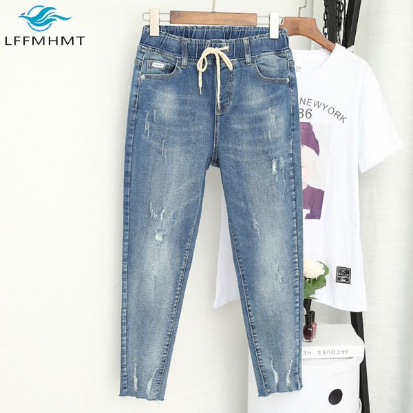 

women summer autumn large size elastic waist jeans korea style ripped pants female 100kg oversize loose harem trousers cloth, Blue