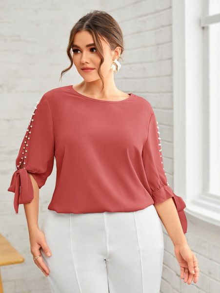 

plus pearls split knotted cuff blouse s3tr#, Black