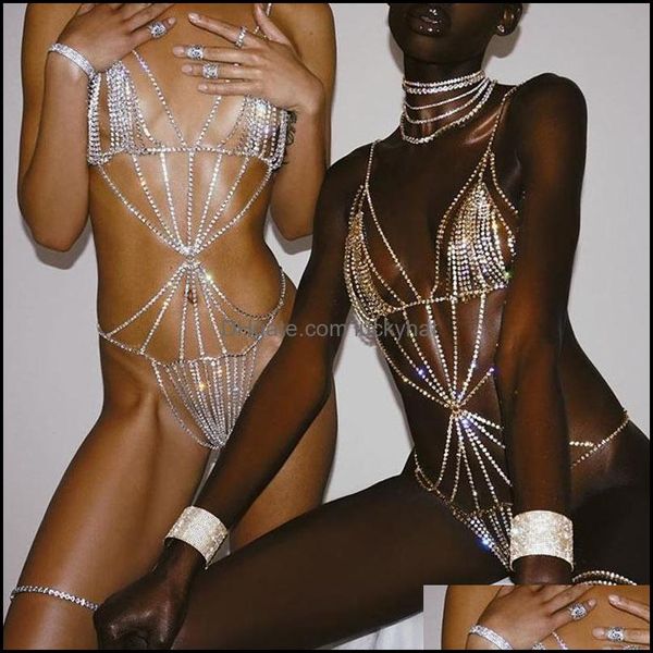 Belly JewelrySexy Lingerie Saltos de salm￣o Mulheres Mulheres de uma pe￧a J￳ias cor de corrente de Bodys Bodysuit Cristal Bikini Bra Thong Deliver