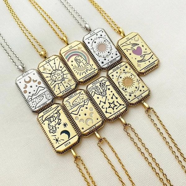 

pendant necklaces 2021 creative girl's colorful enamel tarot card necklace 16k gold platd square moon sun world love power couple, Silver