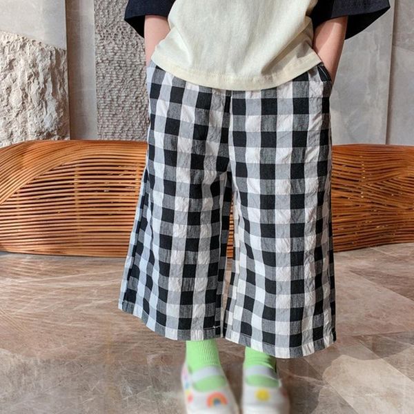 

trousers summer children boy girl elastic pants fashion plaid loose wide-legged kid casuall clothing, Blue