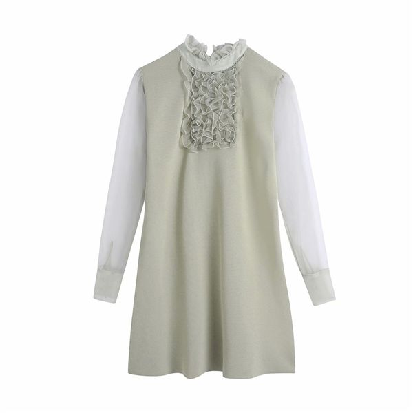 

elegant women ruffles stand collar dresses fashion ladies knitted sweet female streetwear mesh girls chic 210427, Black;gray