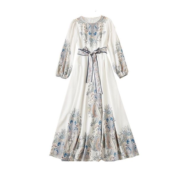 

runway dresses european and american autumn style high-quality retro-printed lantern sleeve lace-up long dress uqhz, Black