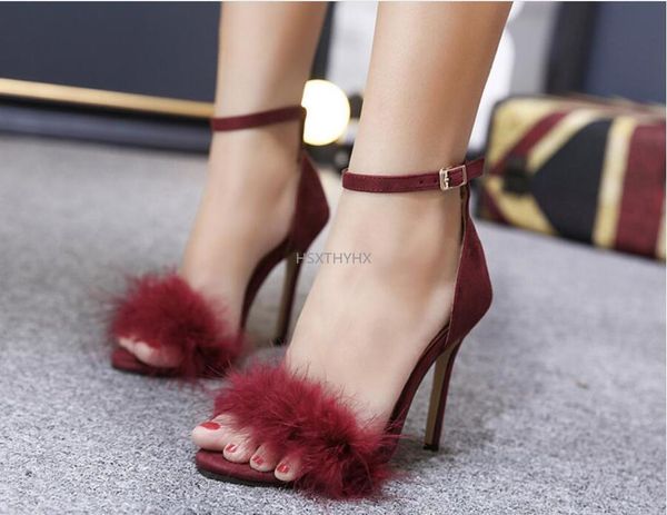 

dress shoes woman summer mules slippers feather flock transparent high heels fur sandals peep toe spike heel ladies slides, Black