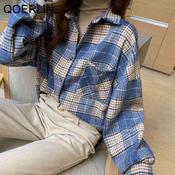 

qoerlin vintage thicken woolen blend plaid shirt women spring harajuku long sleeve pocket oversize shirt blouse coat plus 210416, White