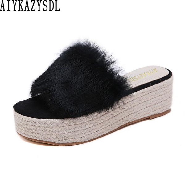 

sandals aiykazysdl women genuine real natural fur slippers straw rope shoes thick bottom platform wedge high heels, Black
