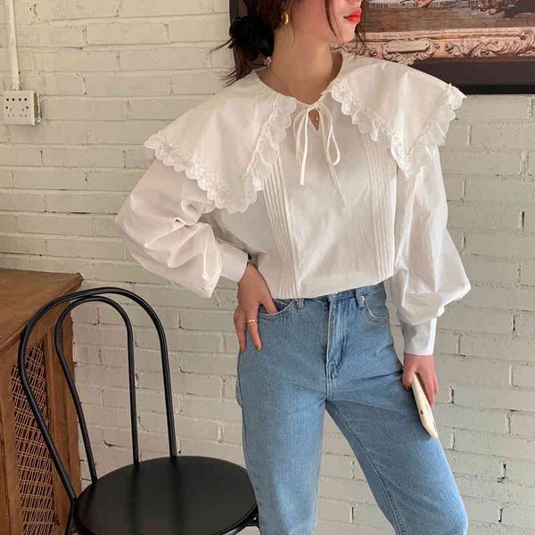 

two piece dress 2021 solid office lady shirts lace patchwork vintage retro sweet chic loose all match streetwear blouses 6fad, White