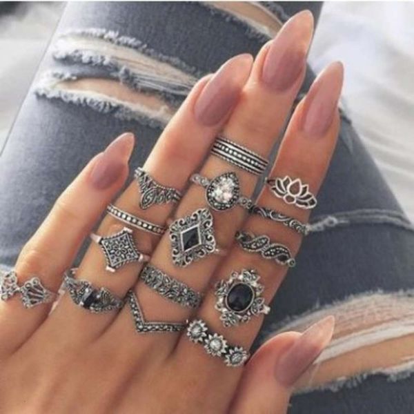 

new bohemian geometric lotus sunflower combination ring set 15 pieces, Black