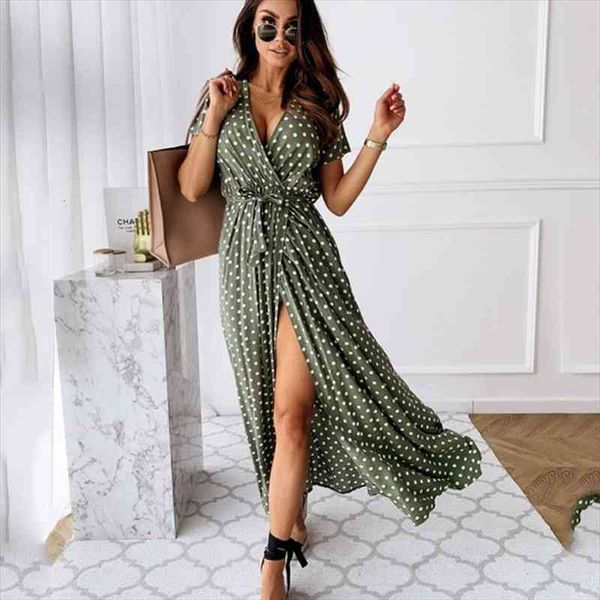 

summer women polka dot wrap long dresses fashion short sleeve v-neck split maxi dress female boho beach party vestidos, Black;gray