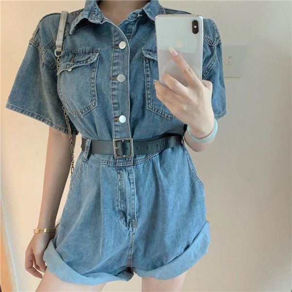 

women's jeans women playsuits short sleeve streetwear female romper denim jumpsuit shorts spring summer ladies overalls casual loose 20, Blue