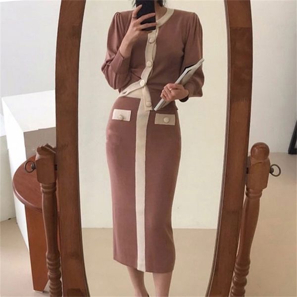 

korea chic elegant o-neck single-breasted contrast knit sweater + high waist bodycon mid-length skirt 2 piece set female 210602, White