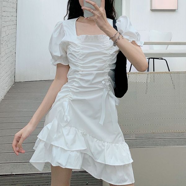

french sweet party dresses midi sundresses for women summer 2021 casual short sleeve elegant solid dress females design korean style kawaii, White;black