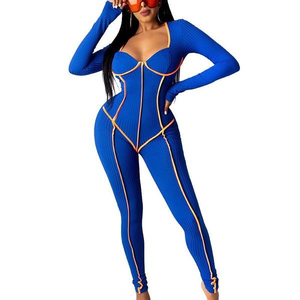 

gym clothing ribbed jumpsuit women long sleeve bodycon striped patchwork fitness playsuit romper streetwear jumpsuits body femme 2021, White;black