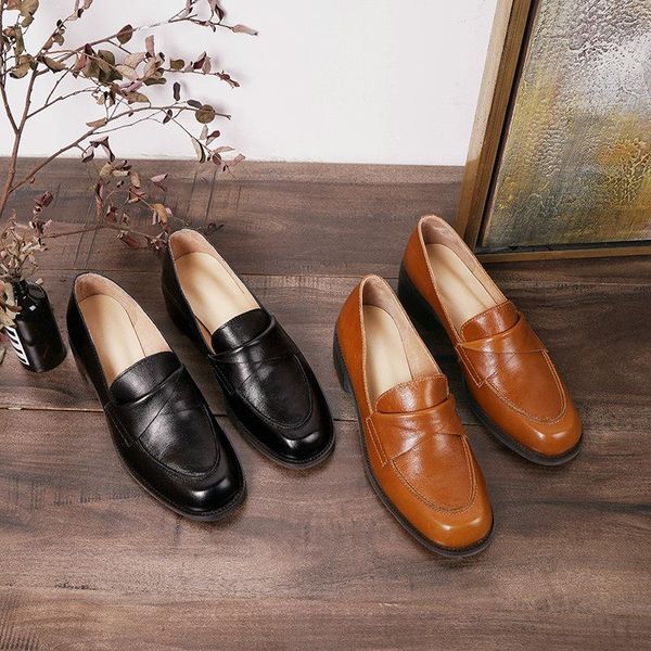 

dress shoes classic design concise fashion cow leather women casual pointed toe square heels 2021 spring slip-on woman, Black