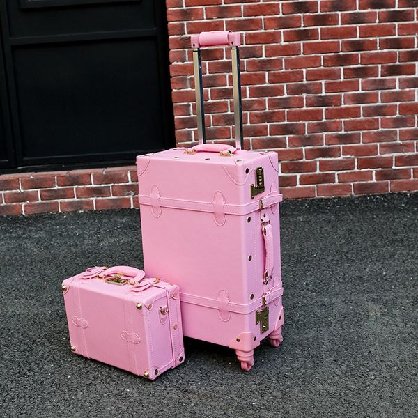 

leinasen girl pu leather trolley bag set,lovely full pink vintage suitcase for female,retro luggage gift