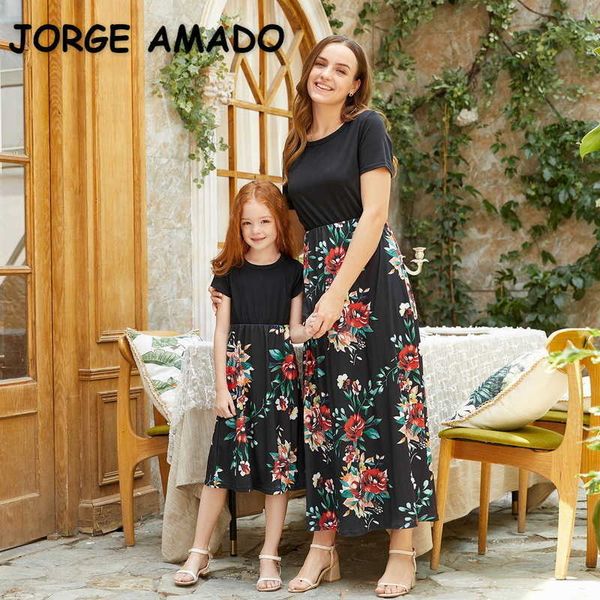 

summer family matching clothes 3-pcs sets floral dress + t-shirt mom and daughter e2051 210610, Blue