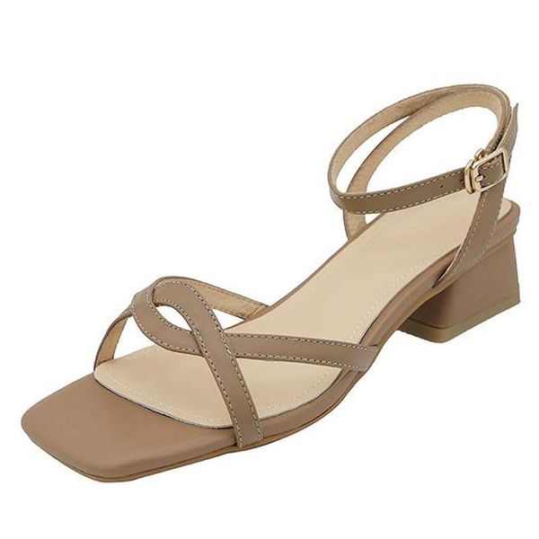 

genuine leather square toe med heels simple style british school energy solid buckle straps mules sandals women l03, Black