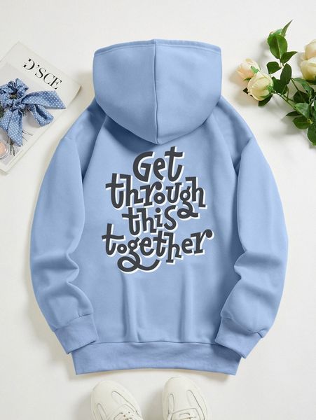 

slogan graphic kangaroo pocket drawstring thermal hoodie 36nc#, White;black