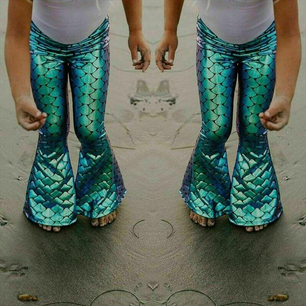 

kids girls shiny mermaid leggings metallic fish scale pants fancy dress party, Blue