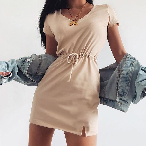 

short sleeve women dress v neck summer mini dresses casual solid high street, Black;gray