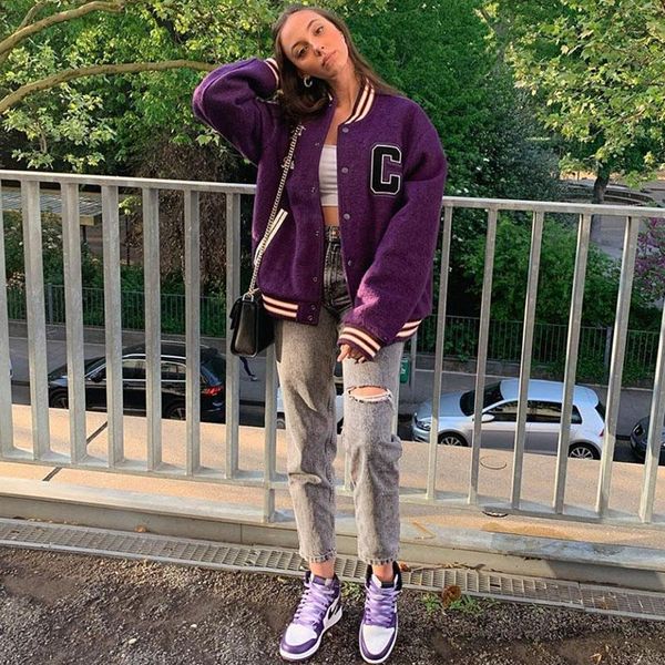 

women's jackets b-toto american retro dark purple loose baseball uniform jacket female tide ins all-match 2021 fashion, Black;brown