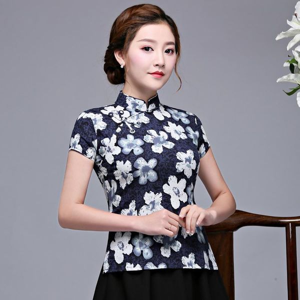 

women's blouses & shirts 2021 spring shirt vintage chinese style womens mandarin collar blouse lady clothing cheongsam short qipao dre, White