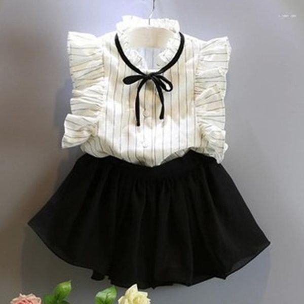 

korean children's summer clothes girls temperament striped shirt flying sleeves sweet and cute culottes two-piece suit clothing sets, White
