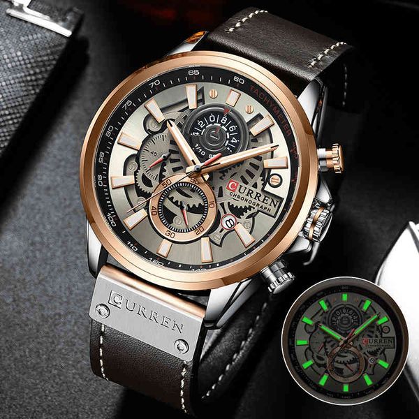 

curren watch men luxury brand leather waterproof quartz watches mens sports chronograph wristwatch date relogio masculino 210517, Slivery;brown