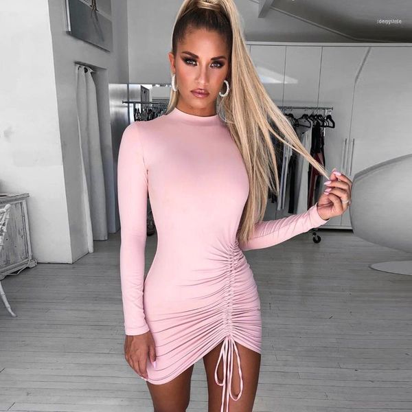 

casual dresses pleated lace up bodycon autumn night club party dress women long sleeve elegant solid mini vestidos1, Black;gray