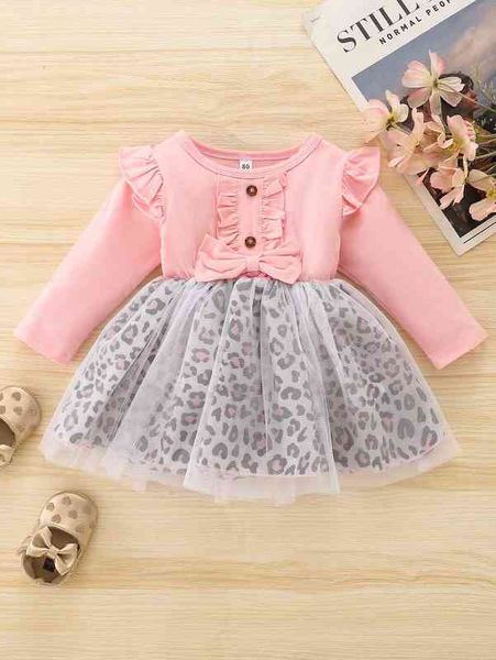 

baby ruffle trim leopard print mesh hem dress she, Red;yellow