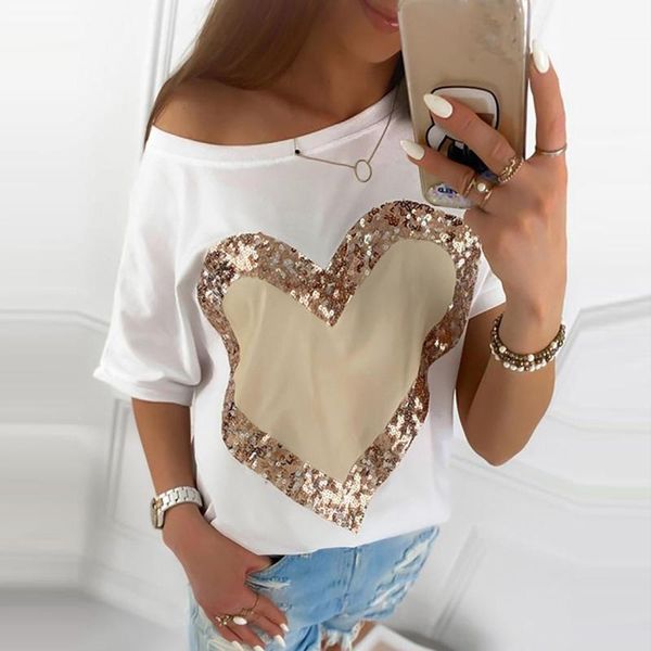 

women's t-shirt 2021 women clothing round neck love sequin leopard short sleeve streetwear not easy to fold blusas y camisas, White
