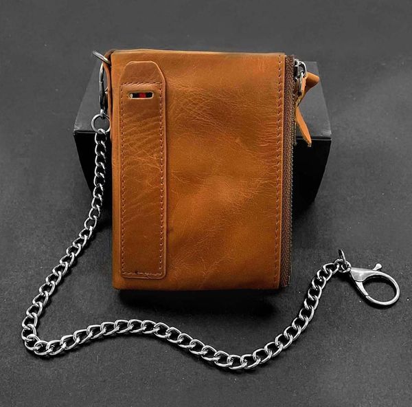 Homens Soft Genuine Leather Bloqueio Cartão Carteira Zip Cash Moeda Bolso W / Cadeia