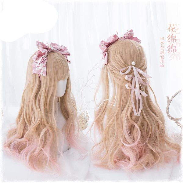 

60cm sweet lolita japanese harajuku blonde pink gradient cosplay daily curly fairy synthetic hair wig + wig cap, Black