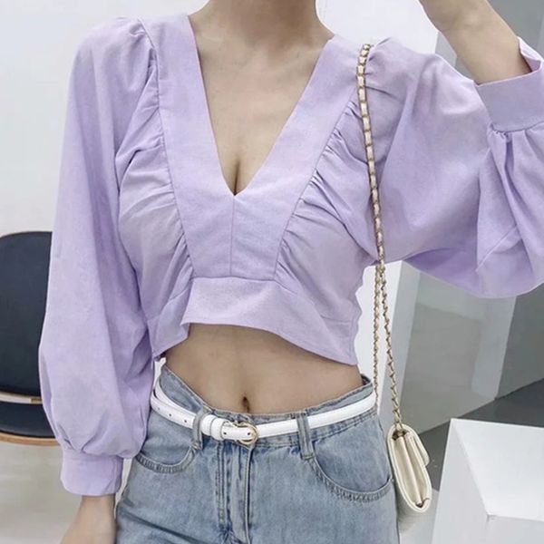 

paris girl autumn shirt female deep v-neck blouse lantern sleeve short long-sleeved pleated loose 210524, White