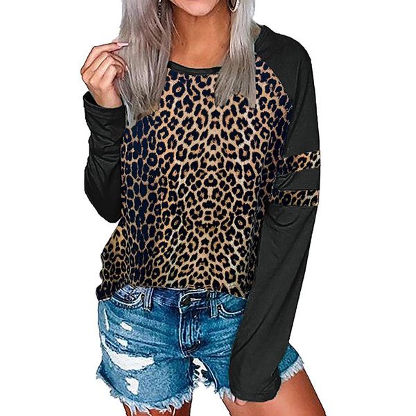 

women's hoodies & sweatshirts women long sleeve autumn stitching street style leopard print round neck pullover hoodie sweatshirt winte, Black