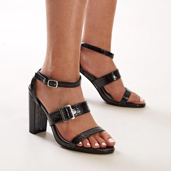 

women buckle high heels sandals woman peep toe solid shoes female pointed women's ladies summer office plus size 42, Black