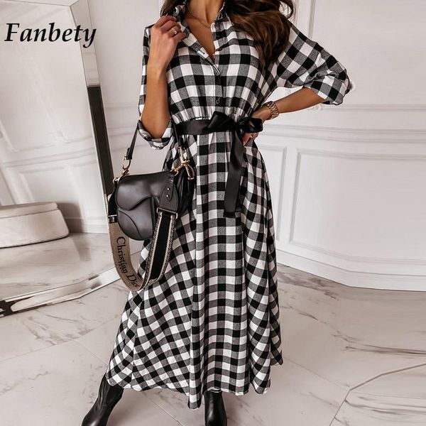 

casual dresses fashion autumn long sleeve plaid party dress elegant women turn-down collar elastic waist lace-up mujer, Black;gray