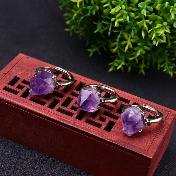 

natural amethyst ring raw ore simple personality adjustable metal meditation healing yoga calm worry stone gift jewelry, Golden;silver