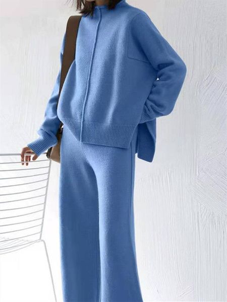 

women's two piece pants foreign trade spring and autumn long sleeve knitted sweater solid color loose fashion casual two-piece set, White