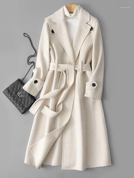 

double sided cashmere overcoat women's mid long autumn winter 2021 slim tie temperament goddess tweed jacket wool & blends, Black